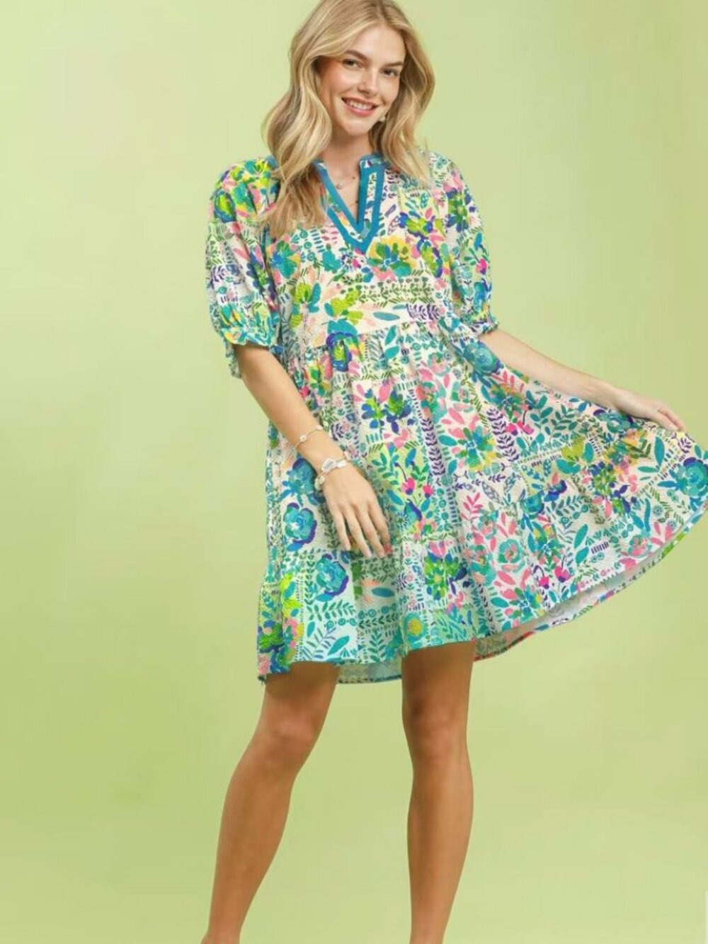 Umgee Mix Botanical Print Puff Sleeve Tiered Dress NWT🛍️